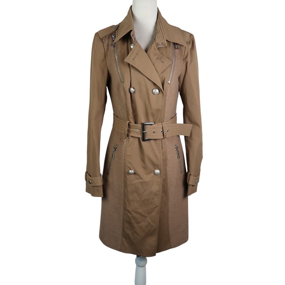 Blanc Noir Tan Brown Moto Trench Coat Mixed Media Panels Small